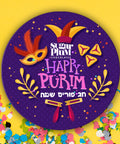 "Colorful Happy Purim Box lid with festive mask and confetti design by Sugar Plum Chocolates"