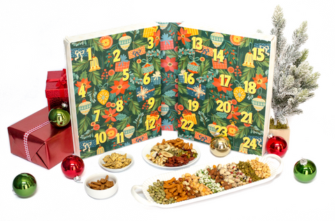 "2024 Limited Edition Gourmet Nuts & Snacks Advent Calendar with Holiday Design and Snack Display"