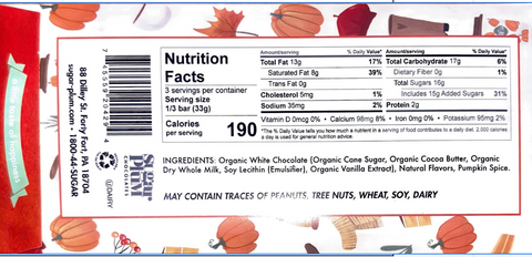 Nutrition facts and ingredients label for fall-themed snack packaging with pumpkin and autumn leaves design.