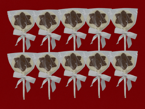 Set of 10 Milk and White Chocolate Snowflake Lollipops with White Bows on Red Background for Christmas Gifting