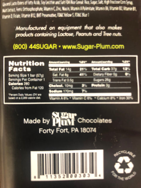 Nutrition facts and information on Sugar Plum Chocolate Zombie Bar packaging with company contact details and barcode.