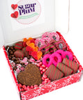 Happy Valentine's Day Box with chocolate treats, pretzels, cookies, and graham crackers, beautifully arranged for a perfect gift.