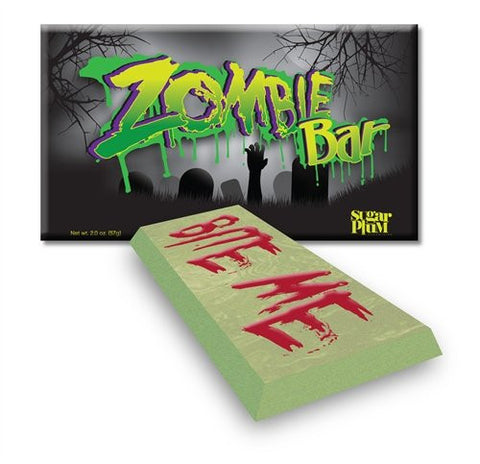 Handcrafted premium white chocolate zombie bar with "Bite Me" text, perfect spooky Halloween candy for parties and trick-or-treaters.